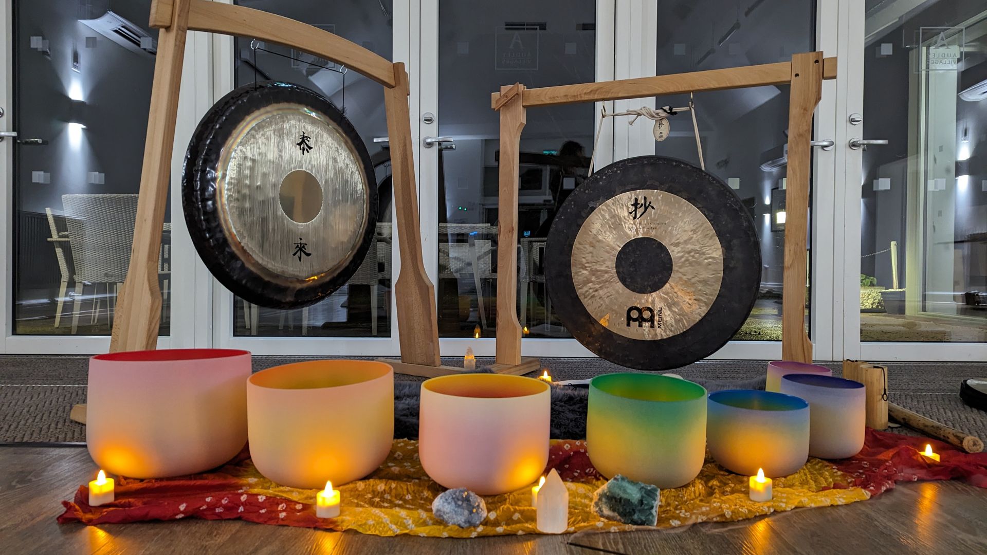 crystal singing bowls during sound bath meditation at Bodhi Tree Spa